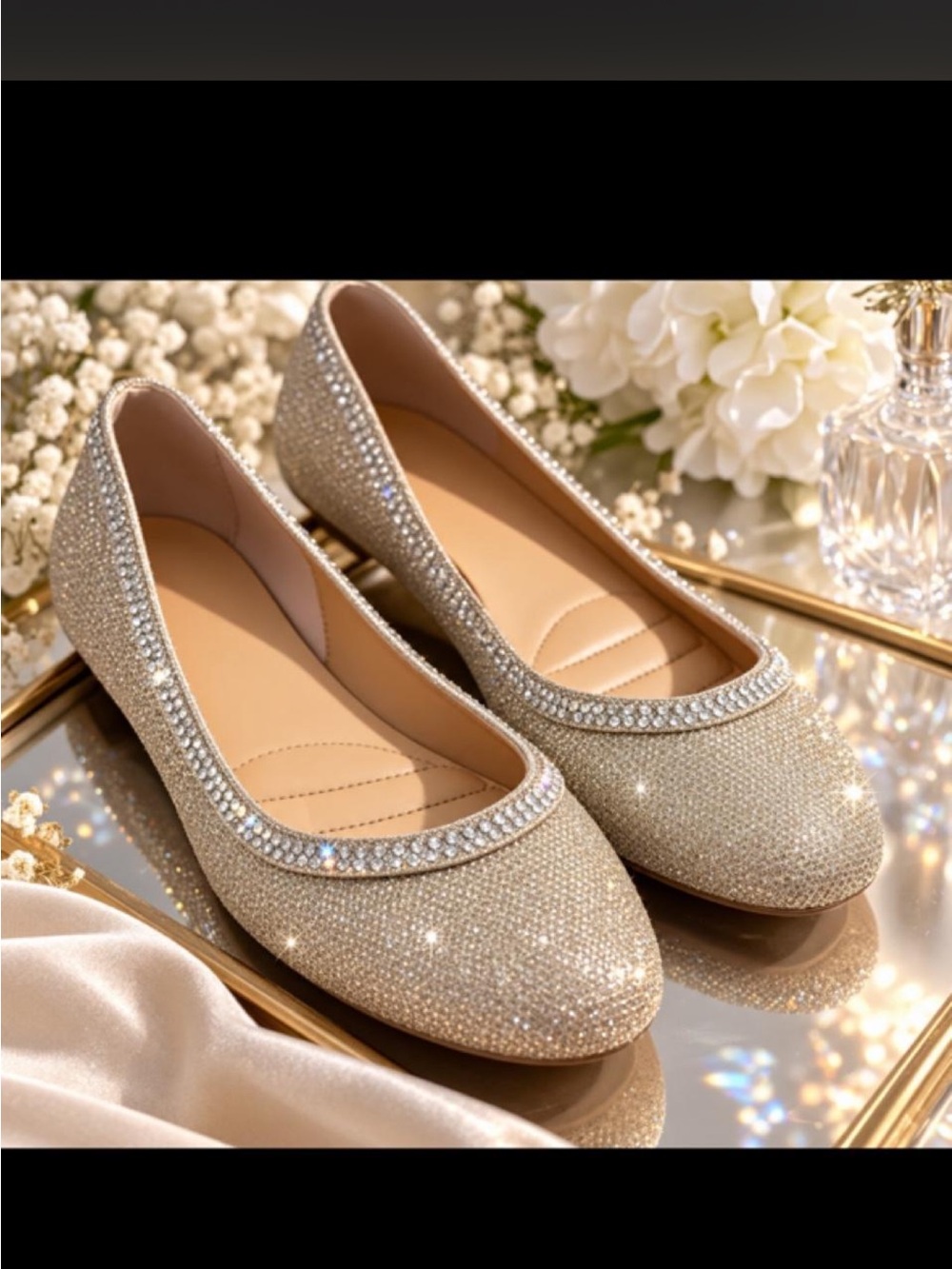 Crystal-Trimmed Champagne Flats for Women